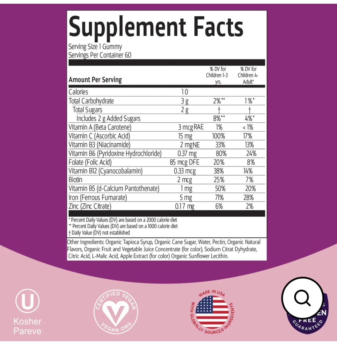 beBloomie Vegan Multivitamin & Iron for Kids - Daily Nutritional Support Gummies w/Ferrous Fumarate B-Complex, Vitamin C, Zinc, Biotin - Body Function & Anemia - Strawberry