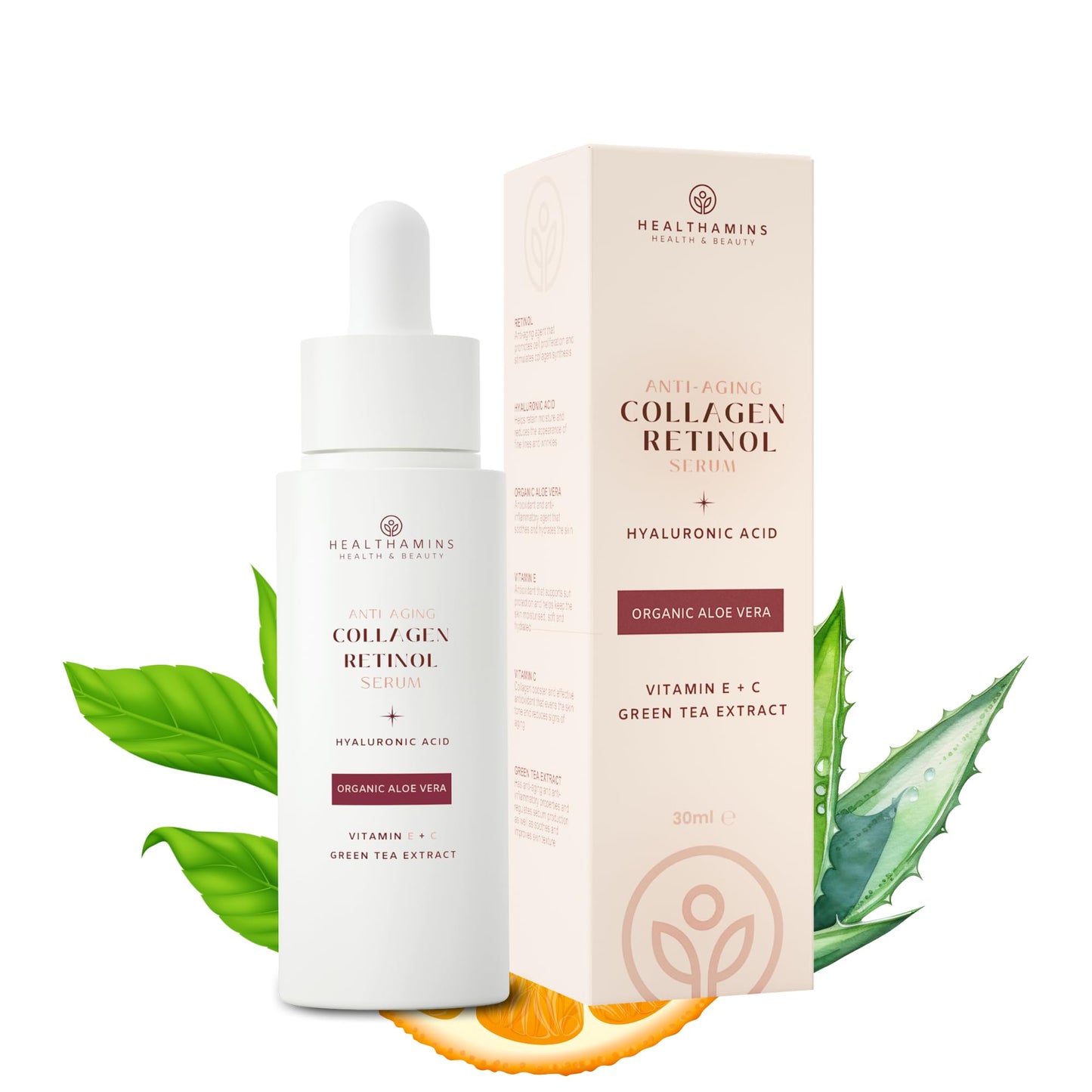 Healthamins Collagen Retinol Anti Ageing Serum | With Hyaluronic Acid, Vitamin C and E, Aloe Vera, & Green Tea Extract | For Fine Line and Wrinkles, Repair, Brightening, Even Tone Serum | 30ml