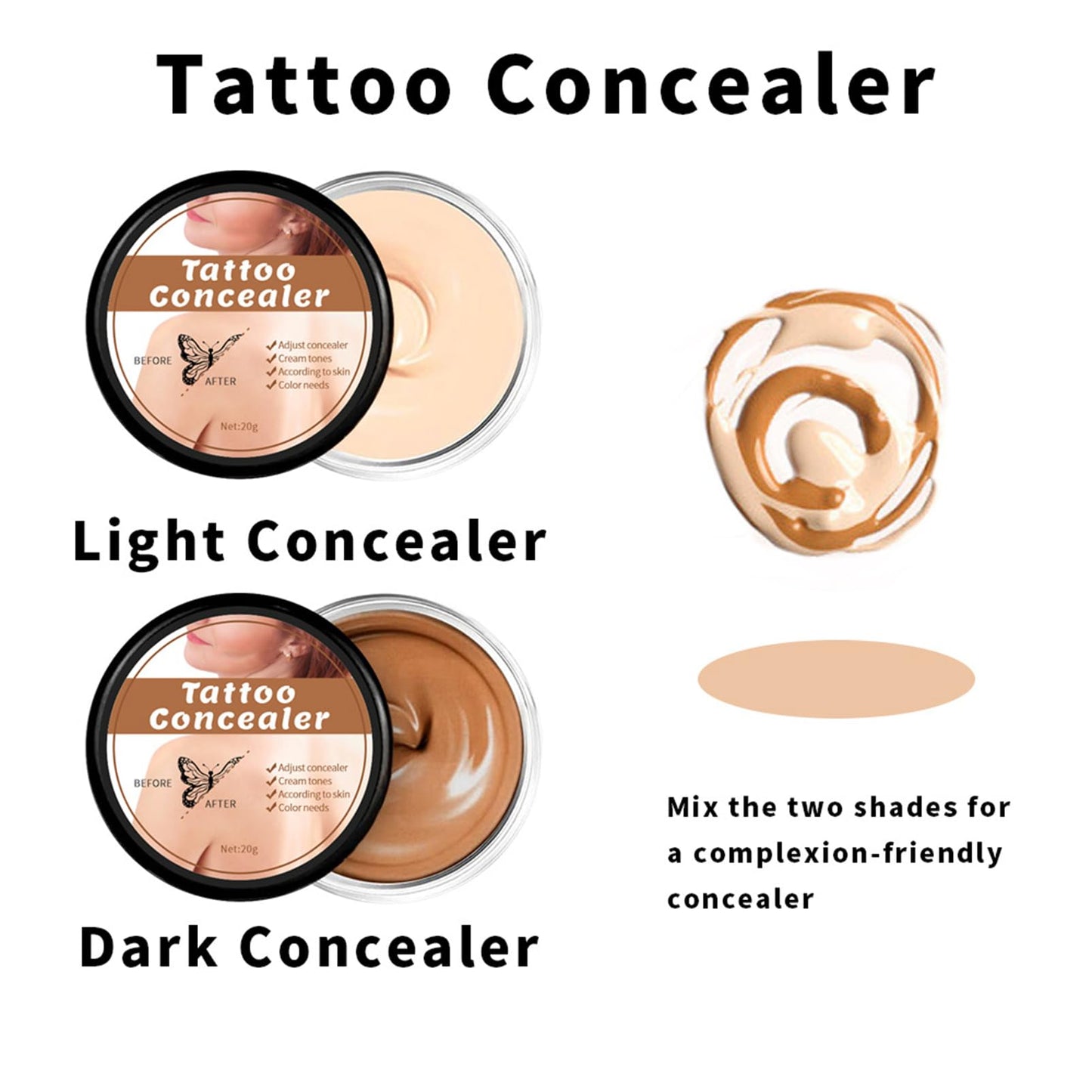 CrownLite Tattoo Cover Up, Waterproof Tattoo Cover Up Makeup with Full Coverage, Body Makeup Concealer Set for Men and Women, Spot Covering Birthmark Tattoo Concealer for Scars, Dark Spots and Vitiligo (2pcs)