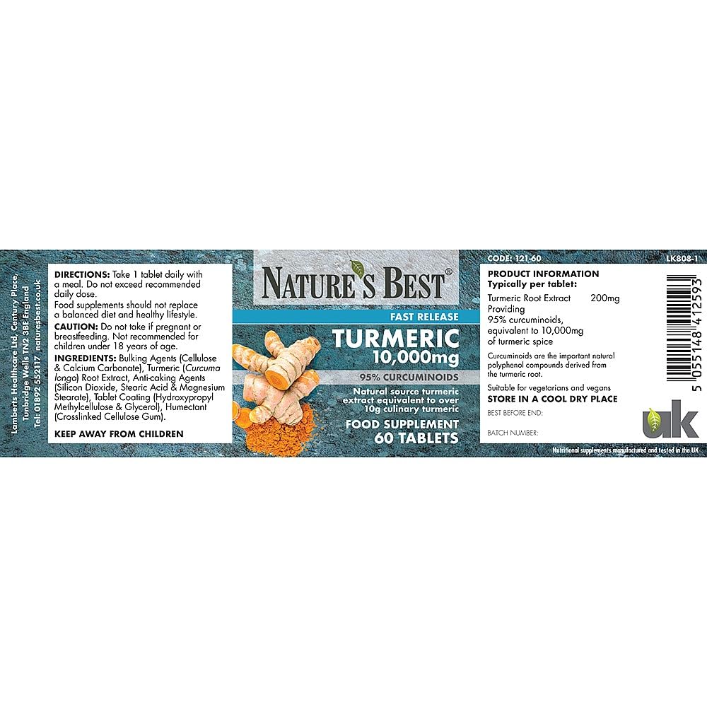 NATURE'S BEST Turmeric Tablets Fast Release 10,000mg (200mg Extract) 95% Curcuminoids | High Strength Turmeric Curcumin | 60 Tablets | Fast Absorption Formula | UK Made | Purest Grade, standardised Extract (120)