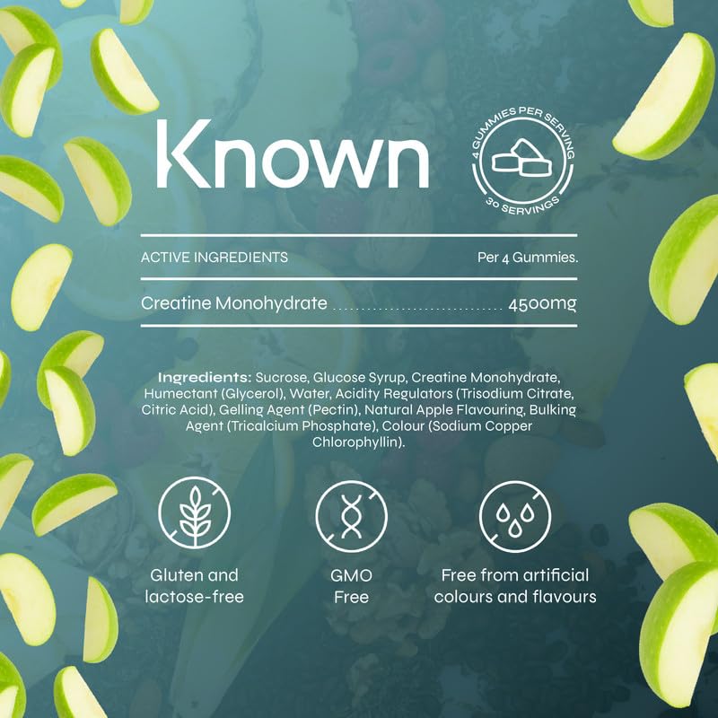 Known Vegan Creatine Gummies Value Pouch – 4500mg Creatine Monohydrate – Sour Apple Flavour – 120 Gummies 30 Days Supply – Third-Party Tested