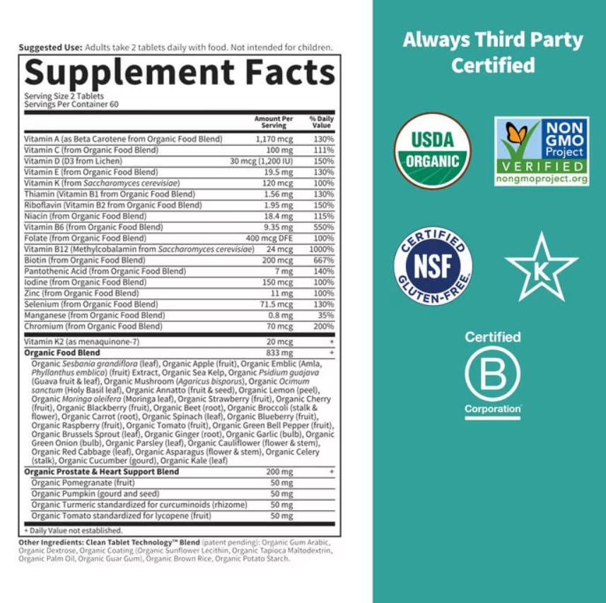 Generic Organics Whole Food Multivitamin 40 +, Well-Being Certified, Non-GMO, Vegan 120 Tablets