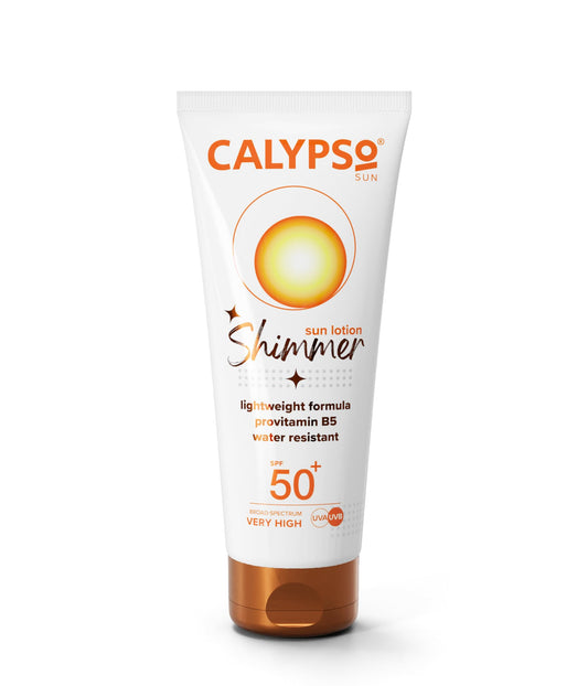 Calypso Shimmer Sun Lotion SPF50 + | Very High UVA + UVB Protection, Water Resistant, Shimmering Sun Protection for Face and Body, 100ml