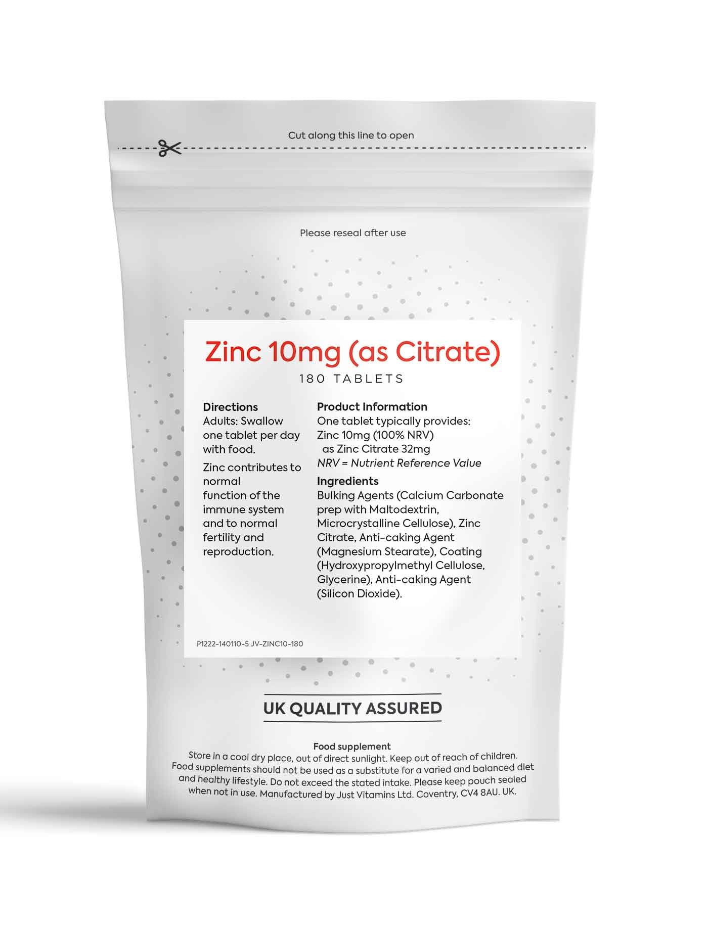 Just Vitamins Zinc (Citrate) 10mg x180 Tablets (6 Month Supply) UK Made