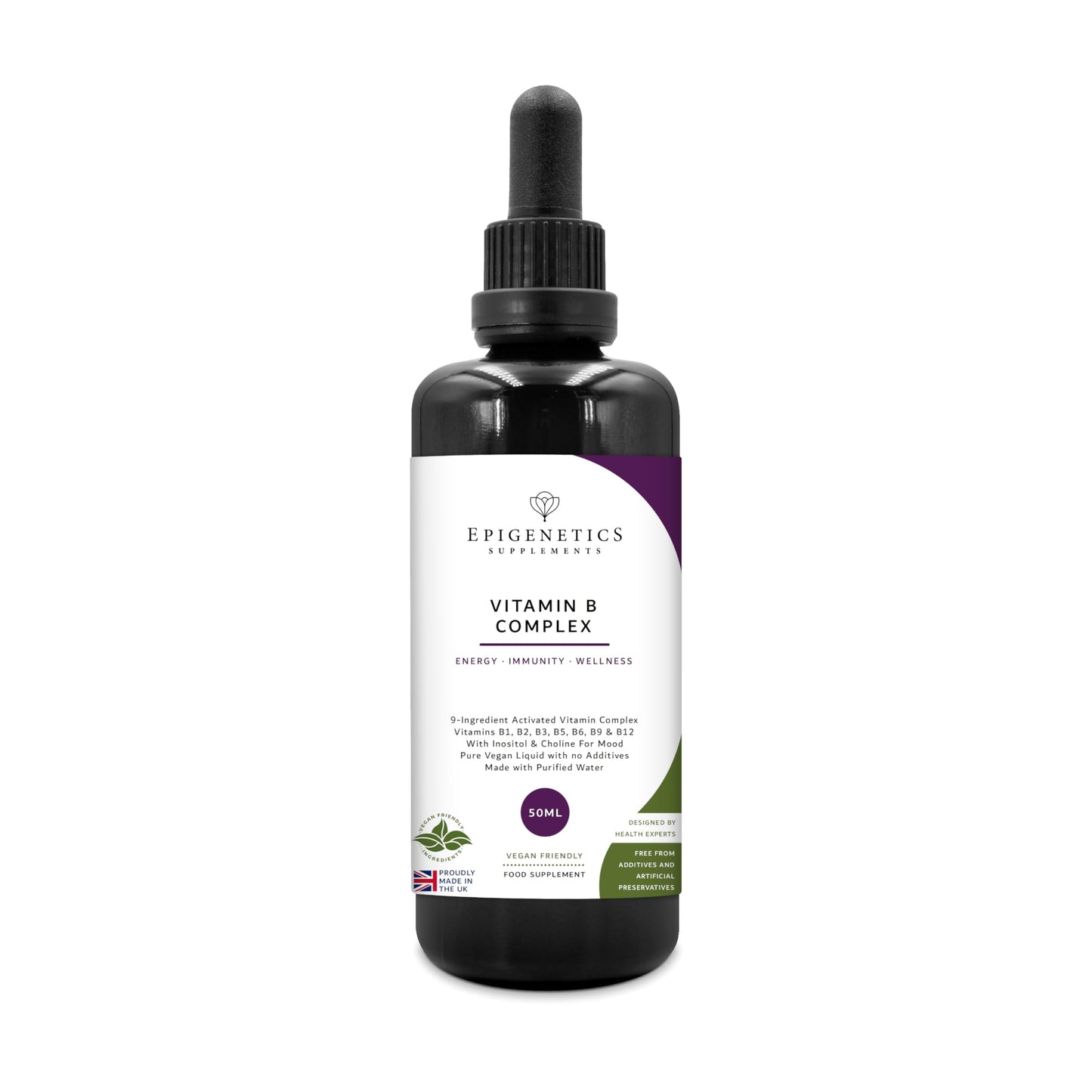 Epigenetics Vitamin B Complex Liquid Drops 50ml | 2 Months Supply, 66 Servings. High Strength Vitamin B12 Methylcobalamin & Adenosylcobalamin, B1, B2, B3, B5, B6 with Choline, Folic Acid | UK Made & Vegan