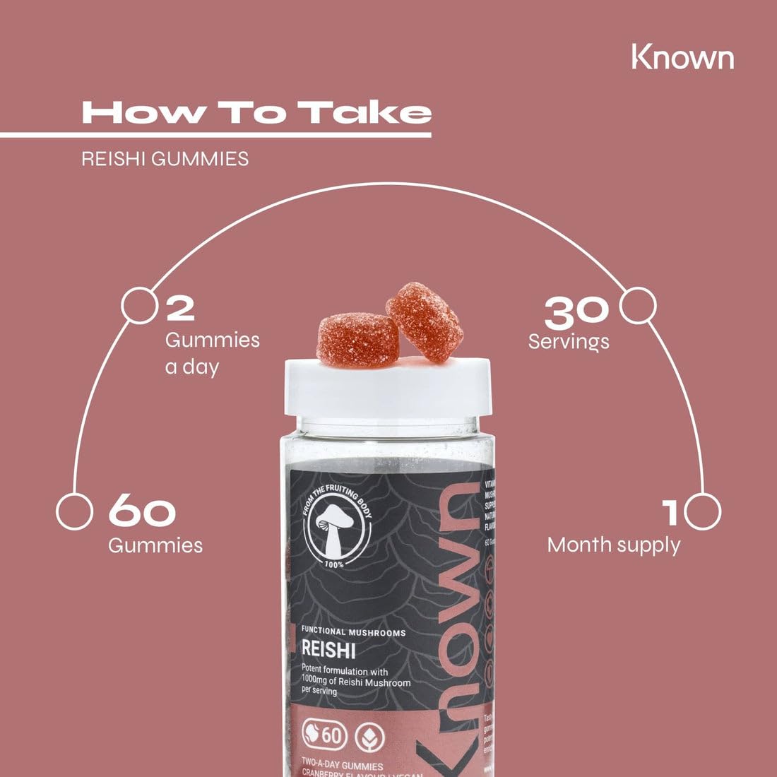 Reishi 1000mg Mushroom Gummies by Known Nutrition | Natural Immune Support | Delicious Natural Cranberry Flavour | 60 Two-a-Day Vegan Gummies (One Month’s Supply)