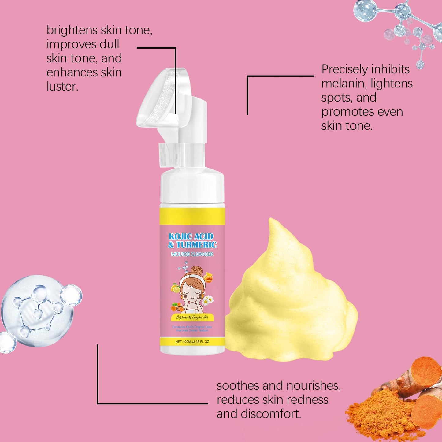 Shefave Foaming Face Cleanser with Kojic Acid, Turmeric Facial Cleanser, Turmeric Kojic Cleanser, Clean and Clear Face Wash with Brush, Balance Skin Oil Cleanser, Lighten Blemishes, Brightening