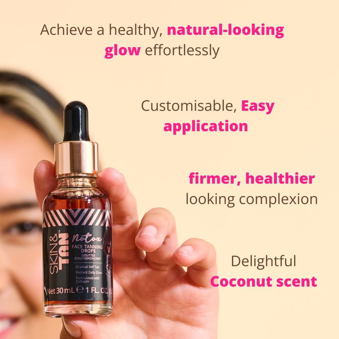 Skinny Tan Notox Moisturising Face Tanning Drops - Gradual Fake Tan Face Serum with Vegan Collagen, Cruelty-Free, Paraben Free & Vegan Skincare - Dark Self Tan, 30ml Plus Miracle Brush
