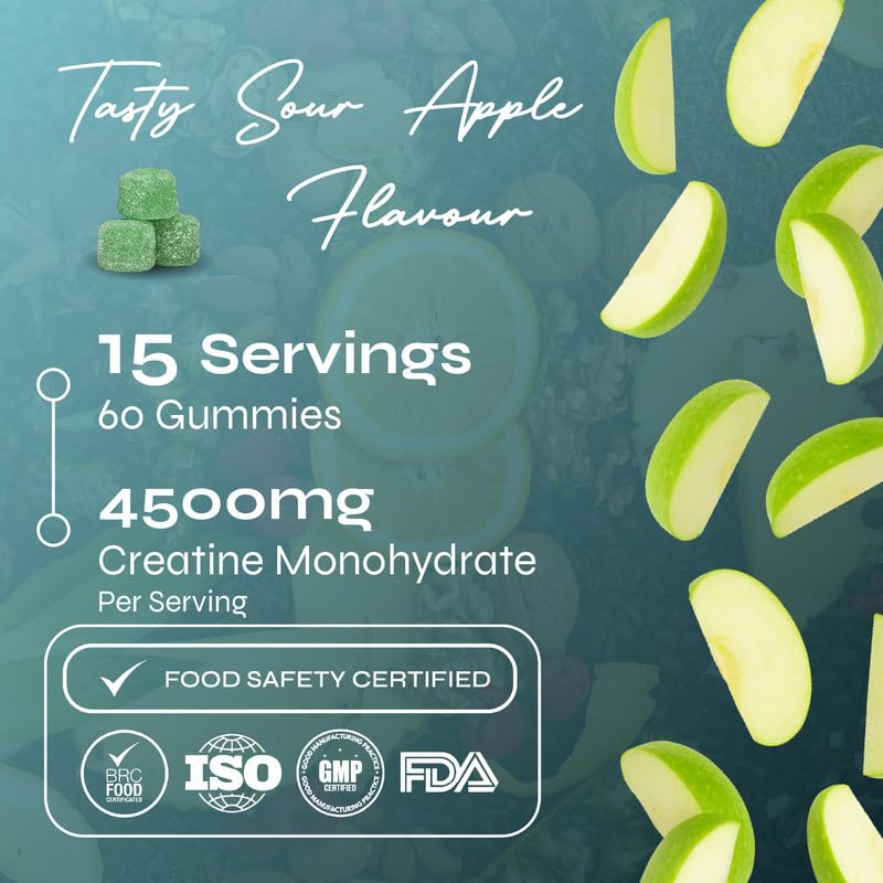 Known Vegan Creatine Gummies – 4500mg Creatine Monohydrate – Sour Apple Flavour – 60 Gummies 15 Days Supply – Third-Party Tested – Vegan Friendly