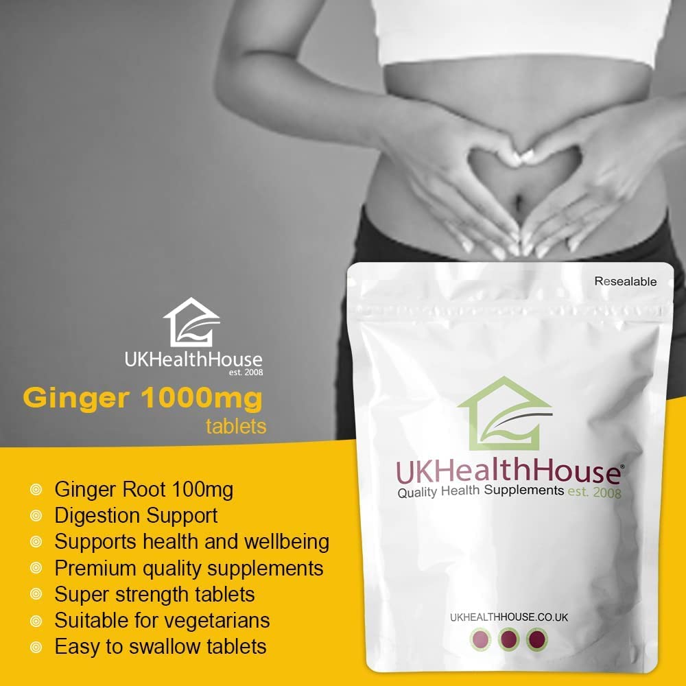 UKHealthHouse Ginger Root 1000mg Extract Tablets - Providing Gingerols & Shogaols UK Vegan High Potency Popular Ginger Supplement for Digestive Health (180 tabs)