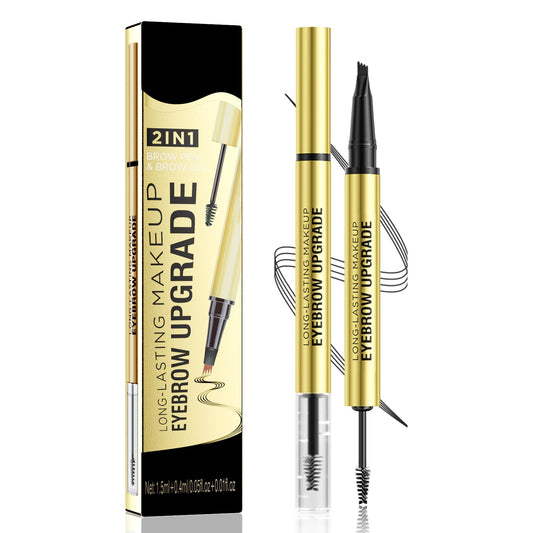 Weixinbuy 2-IN-1 Microblading Eyebrow Pen Long-lasting, Waterproof Eyebrow Pencil Dual-Ended with 4-Fork-Tip & Brow Brush & Clear Brow Gel, Fluffy & Defined Brows for Natural-Looking (2# Black)
