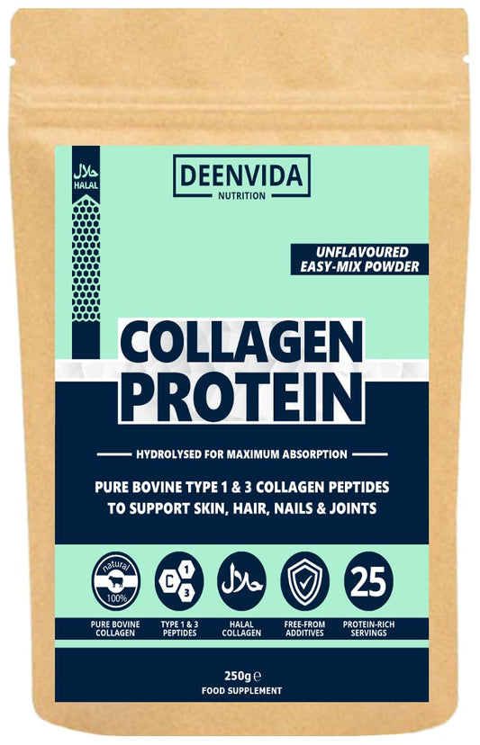 DEENVIDA NUTRITION Halal Bovine Hydrolysed Collagen Peptides Powder, Type 1 & 3 Collagen, for Hair, Skin, Nails and Joints, for Women & Men, Gluten-Free & Dairy-Free Protein, Unflavoured, DeenVida Nutrition