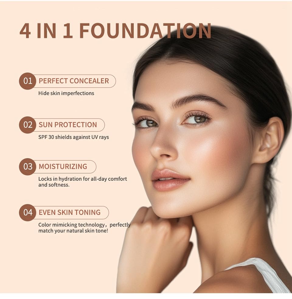 Siyinzu 4 In 1 Foundation Liquid,4 In 1 Moisturizing Full Coverage Liquid Foundation,Sunscreen Serum Spf 50 Founda/tion,Anti-Aging Face Foundations,Foundatio/n For Mature Skin,Color Changing Foundatio/n
