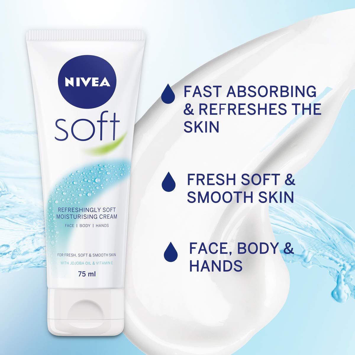 NIVEA Soft Tube (75ml), Pack of 4, Moisturising Cream for Face, Body and Hands with Vitamin E and Jojoba Oil, Intensive Everyday Moisturiser, 4 x 75 ml