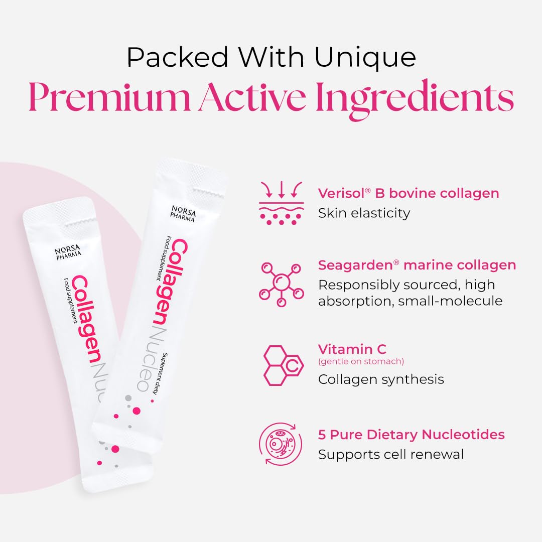 Norsa Pharma Collagen Nucleo (Raspberry / 30 Sachets) | Premium Marine & Bovine Collagen Complex with 5 Nucleotides & Vitamin C | High Bioavailability | Sugar Free | For Skin, Joint & Immunity Support