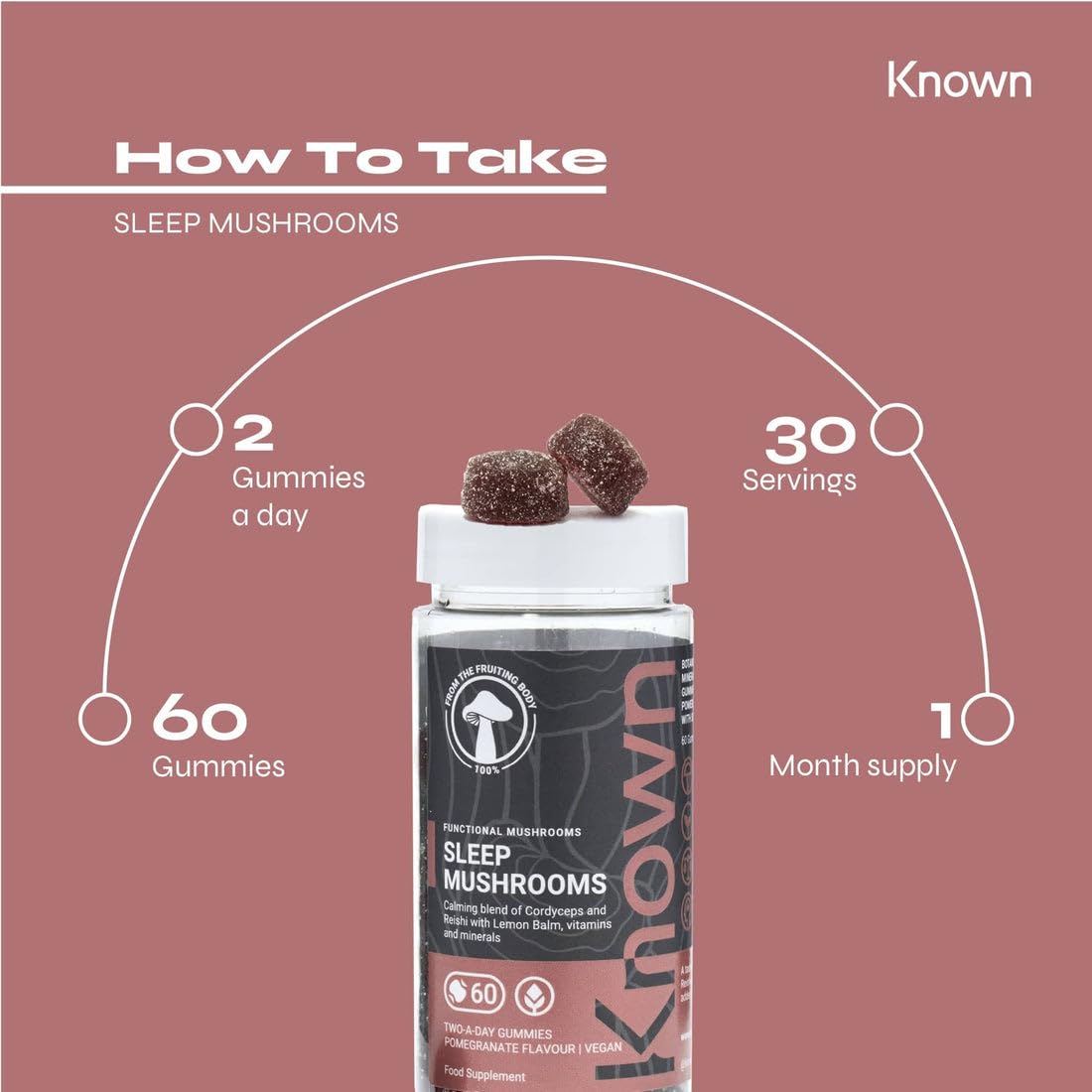 Sleep Support Mushrooms Gummies by Known Nutrition | Cordyceps & Reishi | Delicious Natural Pomegranate Flavour | 60 Two-a-Day Vegan Gummies (One Month’s Supply)