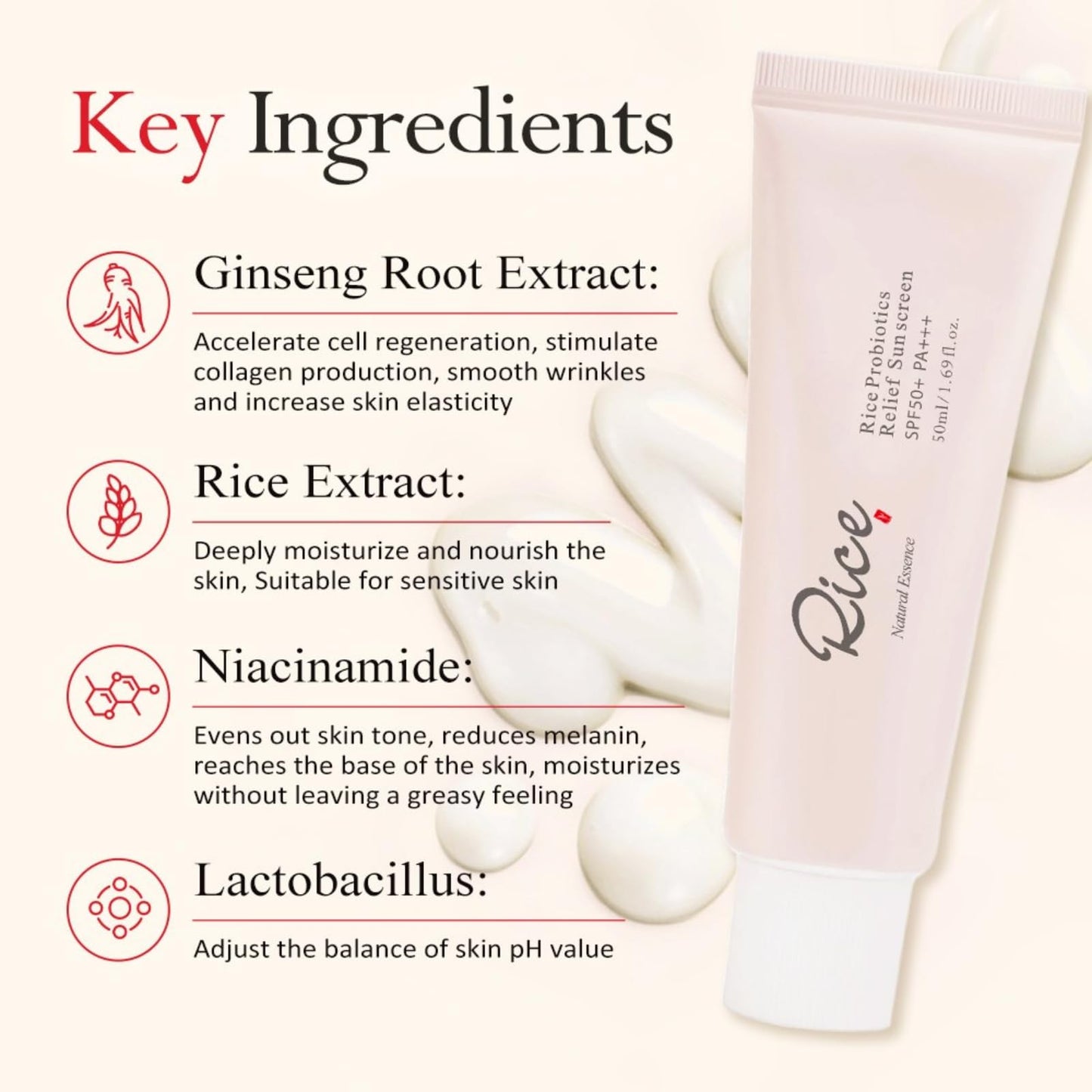 Tongyend Rice Korean Sunscreen for Face SPF 50, Rice Probiotics Daily Relief Sunscreen for face, Relief Facial Sun Cream PA+++ | Lightweight Non-Greasy SPF 50 Face Moisturiser | Korean Skincare – 50ml