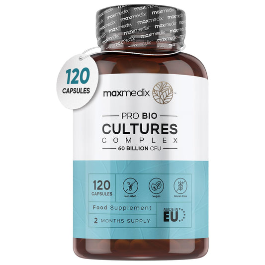 Bio Cultures Complex Probiotics & Prebiotics - 60 Billion CFU - 2 Months Supply - 120 Vegan Probiotic Complex Capsules for Adults - 20 Gut-Friendly Bacterial Cultures Like Lactobacillus Acidophilus