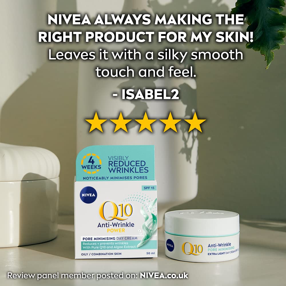 NIVEA Q10 Anti-Wrinkle Power Pore Minimising Day Cream SPF 15 (50ml), Anti-Wrinkle Face Cream with Skin Identical Q10 and Algae Extract, Face Cream for More Refined Skin