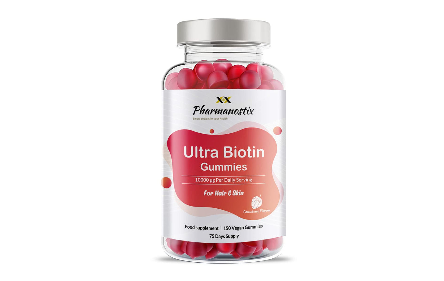Pharmanostix Ultra Biotin 5000mcg Vegan Gummies - 10000mcg Per Daily Dose - for Hair, Skin and Nail Growth Support - 150 Natural Strawberry Flavour - 75 Days Supply - for Men and Women