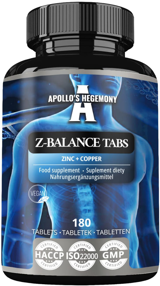 APOLLO'S HEGEMONY Z-Balance - Zinc 12,5mg + Cooper - 180 Tablets Capsules - 720 Servings - Zinc bisglycinate and Cooper bisglycinate - Supplement for Healthy Hair, Skin and Nails - by Apollo's Hegemony