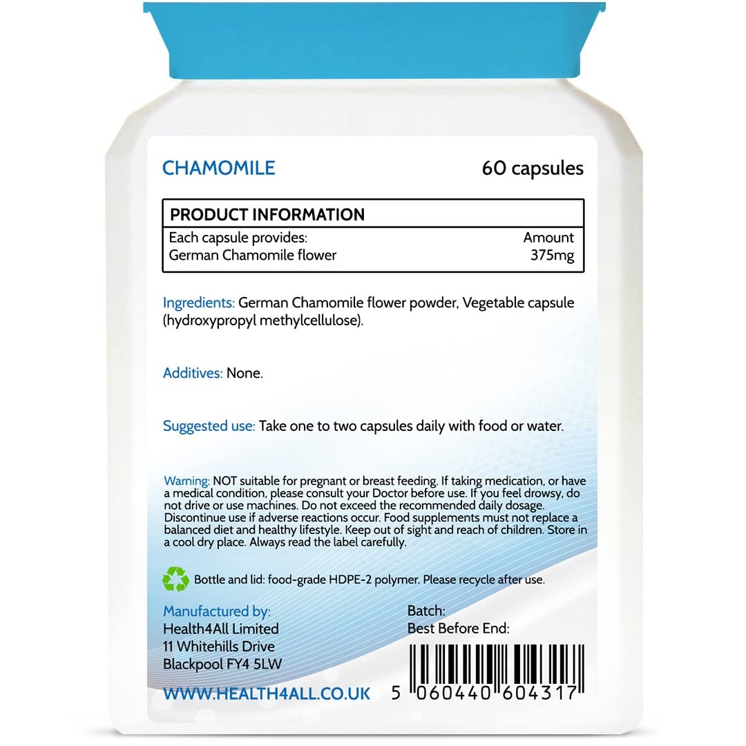 Chamomile 375mg 60 Capsules (V) .(not Tablets) Purest- no additives, Vegan Capsules for Anxiety, Stress, Sleep and Digestive Health. Made in The UK by Health4All