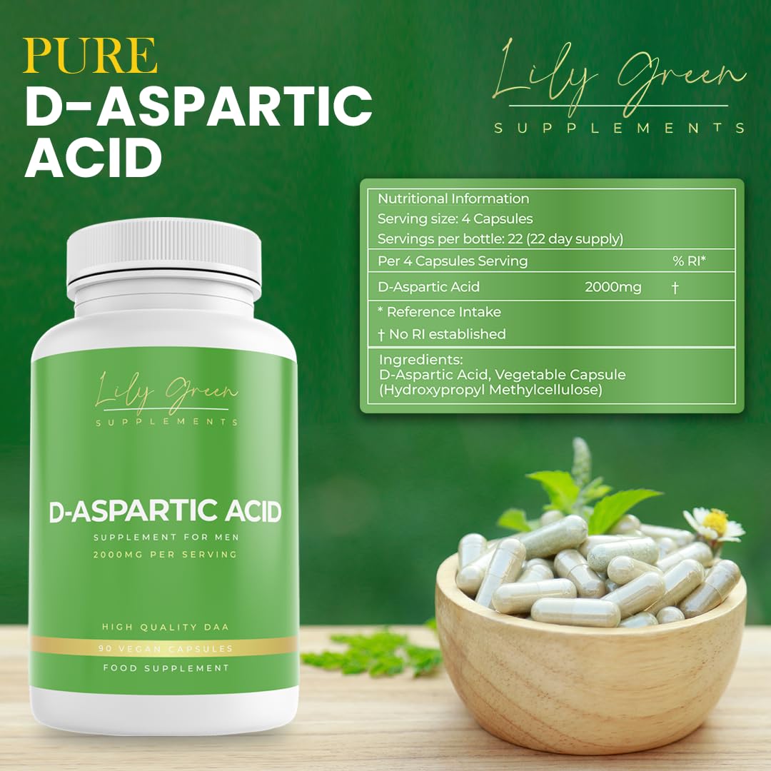 Lily Green Supplements Lily Green D Aspartic Acid Capsules | 2000mg Per Serving High Strength Pure DAA | Supplement for Men | No Artificial Fillers | 90 Vegan Capsules | Made in UK