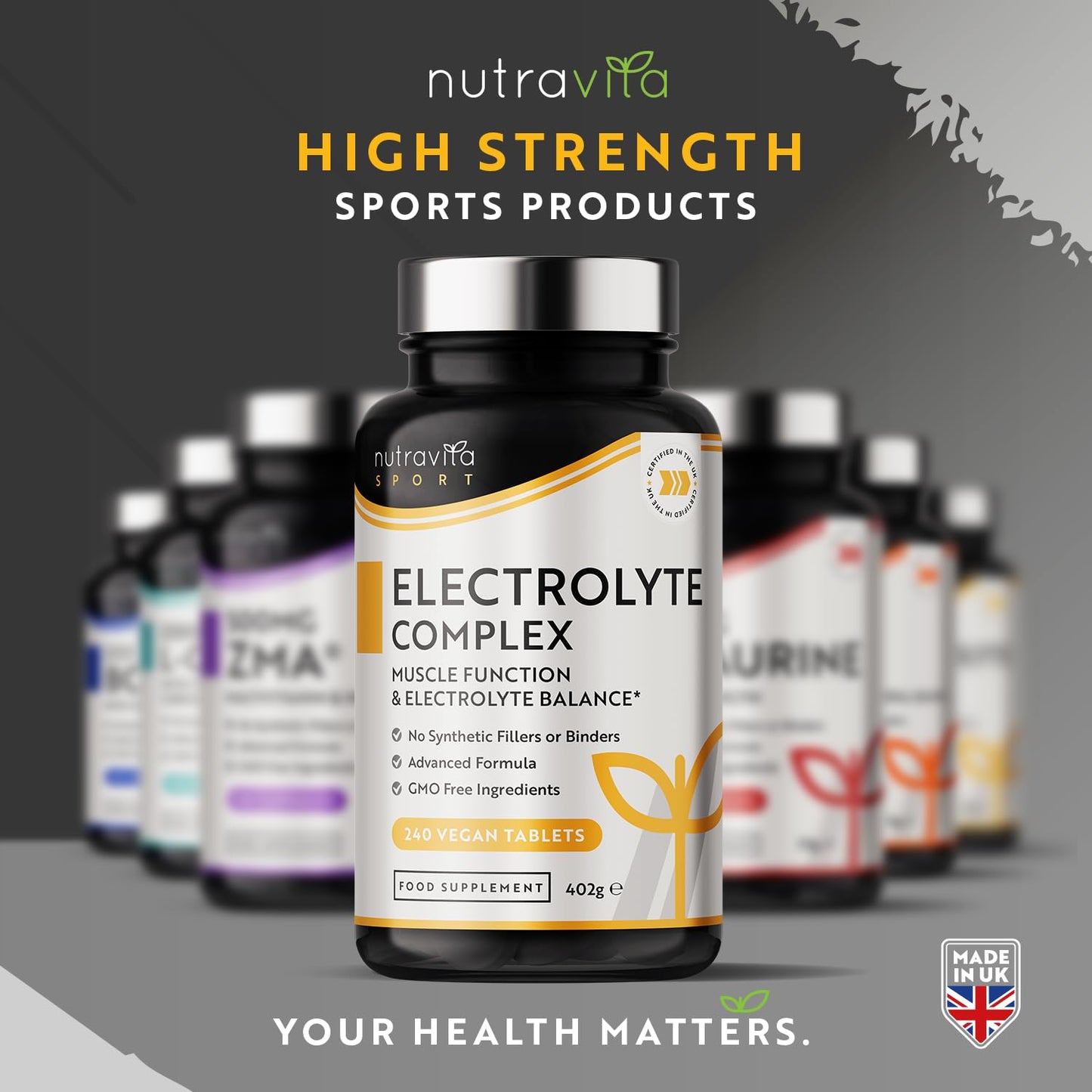 Electrolyte Complex - High Strength Tablets with Added Magnesium, Potassium & Calcium - Muscle Function and Electrolyte Balance - 240 Vegan Tablets - No Synthetic Binders - Made in The UK by Nutravita