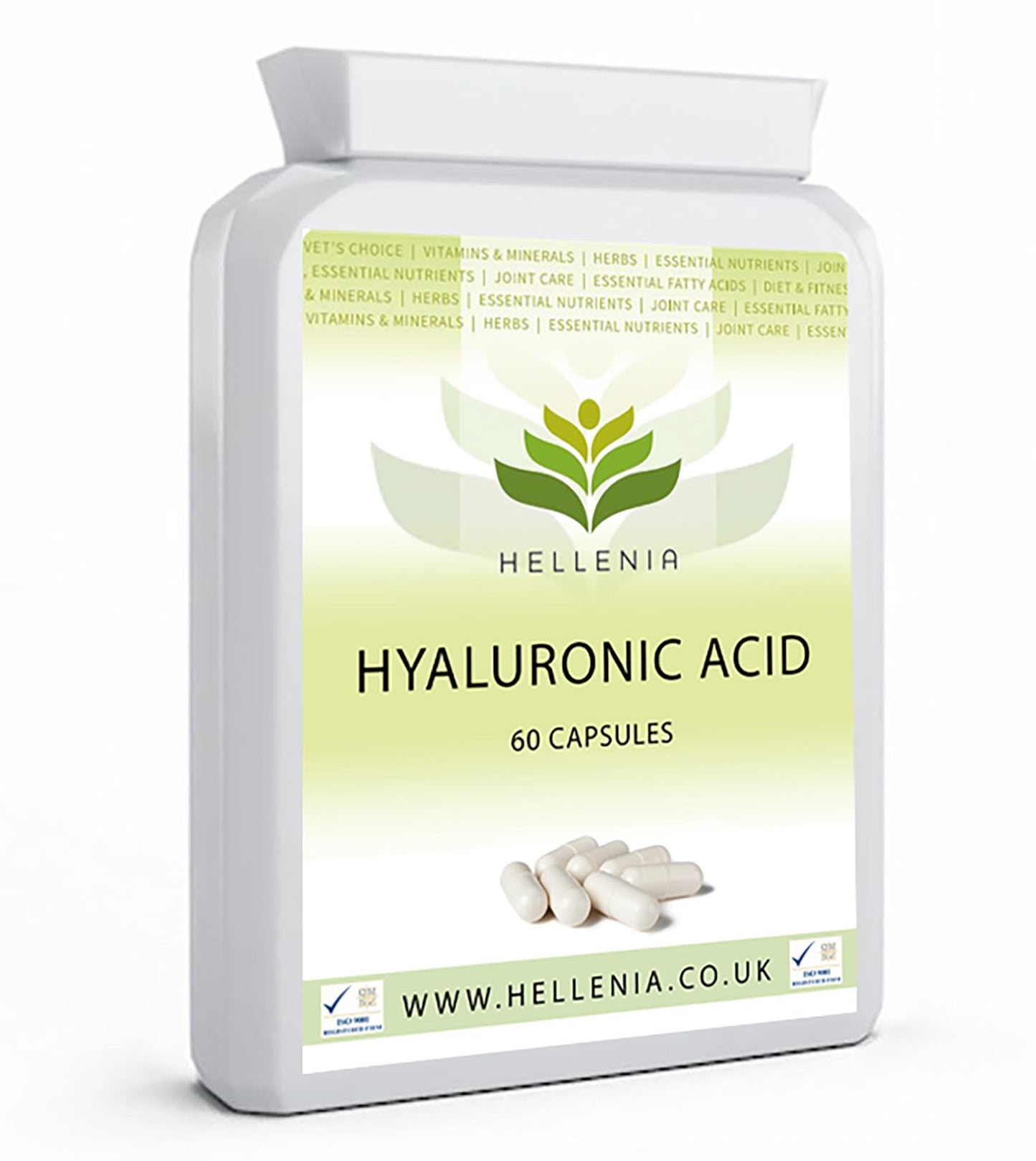 Hellenia Hyaluronic Acid 100mg | Supports Healthy Connective Tissue and Joints | Natural Moisturiser for Radiant Skin | 60 Capsules | Vegan Friendly