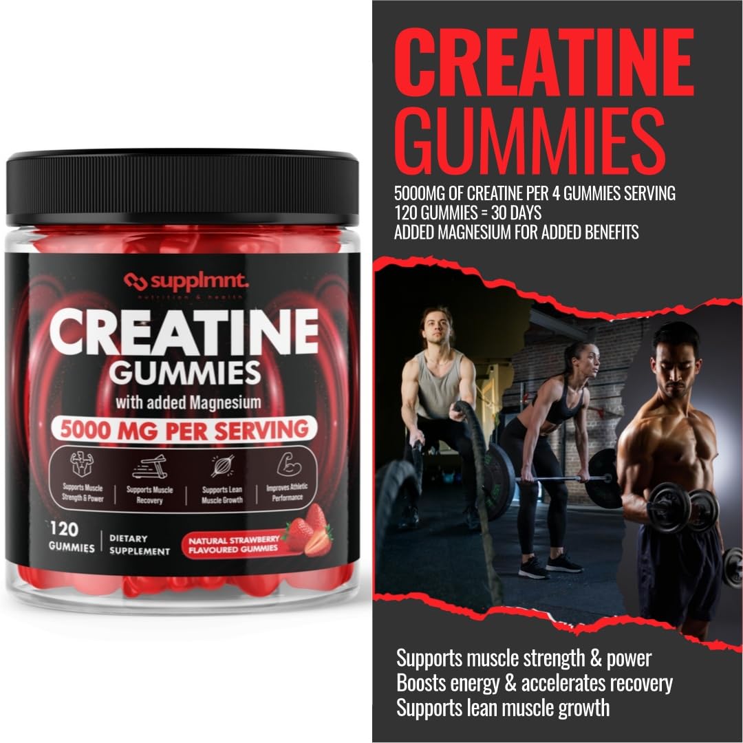 Creatine 120 Gummies Max 5000mg for Men and Women Creatine Monohydrate with Added Magnesium - Chewable Gummies, Strawberry Flavour (1 Month Supply)