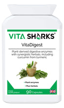 Vita Sharks VitaDigest Vegan 90 Capsules. Natural Gut Soothing Digestive Enzymes, Curcumin & Turmeric; for Gut Cleansing, Immunity & to Combat Bloating, Bowel & Digestion Issues