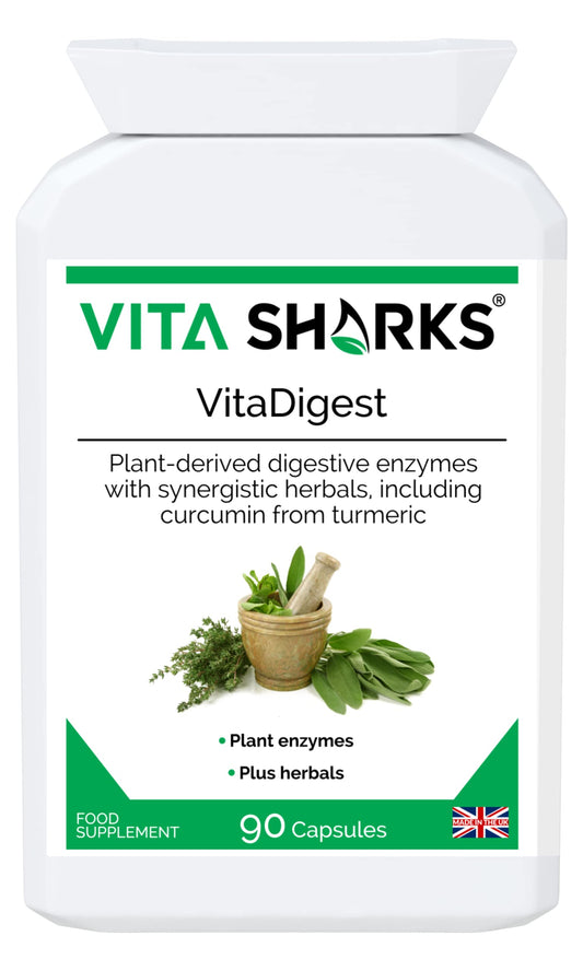 Vita Sharks VitaDigest Vegan 90 Capsules. Natural Gut Soothing Digestive Enzymes, Curcumin & Turmeric; for Gut Cleansing, Immunity & to Combat Bloating, Bowel & Digestion Issues