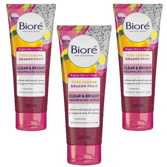 3 x Biore Clear & Bright Yuzu Lemon + Dragon Fruit Exfoliating Face Scrub | Vegan | Oil-Free | Hydrate & Revitalise w Natural Vitamins & Minerals | Soothing Cleanser for Soft Clear Skin |100ml