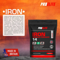 Iron Tablets High Strength 14mg - 180 Tablets - Vegan Iron Energy Tablets for Tiredness and Fatigue - High Absorption Iron Supplements for Women and Men - Made in The UK by PROELITE