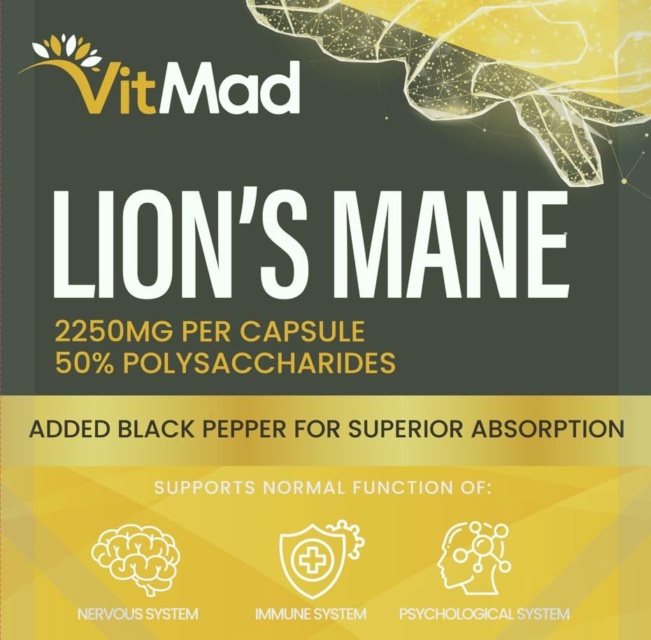 Vitmad Lions Mane Supplement 2250mg per Capsule - 1 a Day - 50% polysaccharides (60)