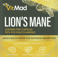 Vitmad Lions Mane Supplement 2250mg per Capsule - 1 a Day - 50% polysaccharides (60)