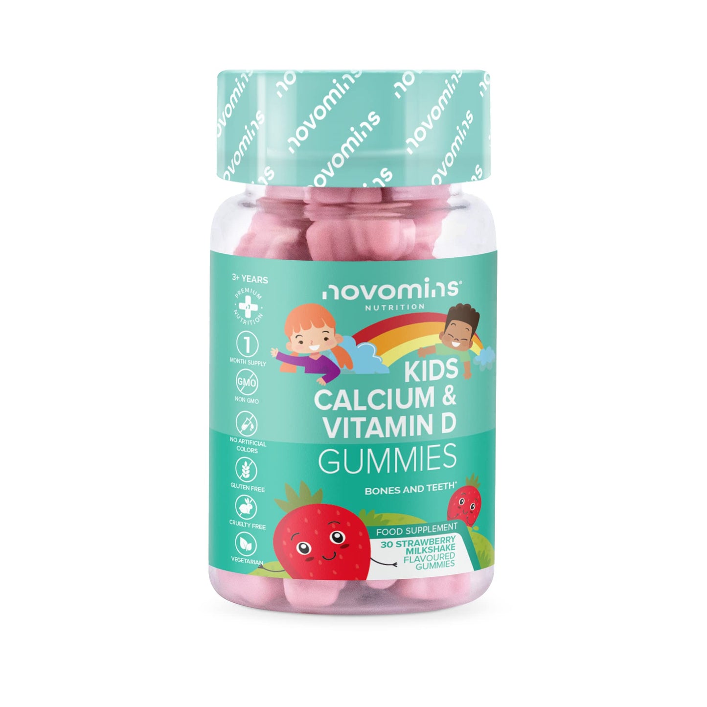 Calcium Gummies for Kids - Healthy Bones & Teeth - Vegetarian - 1 Month Supply – Chewable Childrens Calcium Supplement – 30 Chewable Kids Vitamins – Infused with Vitamin D & K2- by Novomins