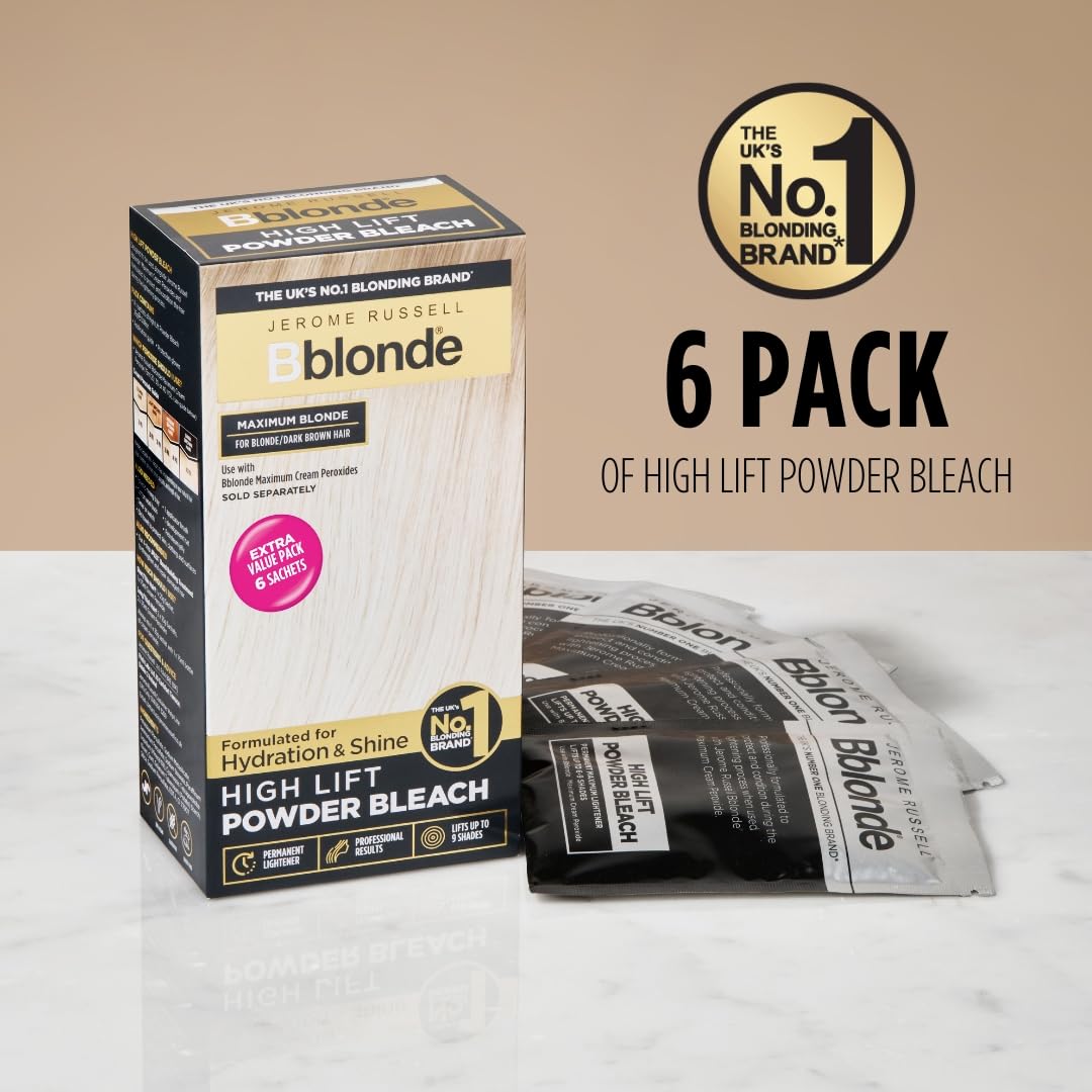 Jerome Russell Bblonde High Lift Bleach Powder - Hair Bleach for Blonde to Dark Brown Hair Colour with Mineral Oils for Hair Care, Blonde Hair Dye Lifts 6-9 Shades, Pack of 6 Sachets inside (6 X 25g)