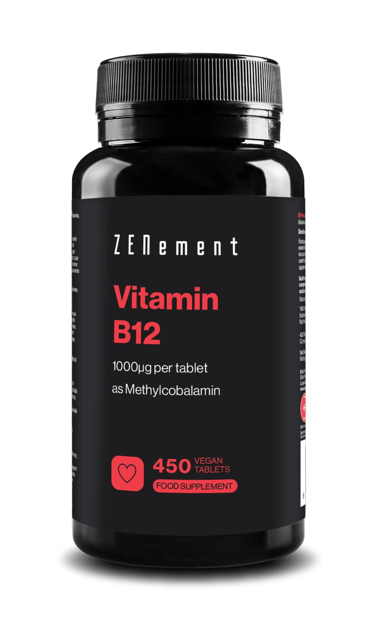 Zenement Vitamin B12 High Strength – 1000mcg VIT B12 as Active Methylcobalamin – 450 Vegan Tablets (14+ Months Supply) – Tiredness and Fatigue Supplement – Immunity Support - GMP Approved