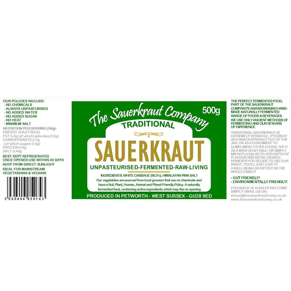 The Sauerkraut Co. Award Winning Traditional Sauerkraut (6x500g). Packed Full of Pro-Gut Living Bacteria (Unpasteurised), Vital Vitamins & Minerals