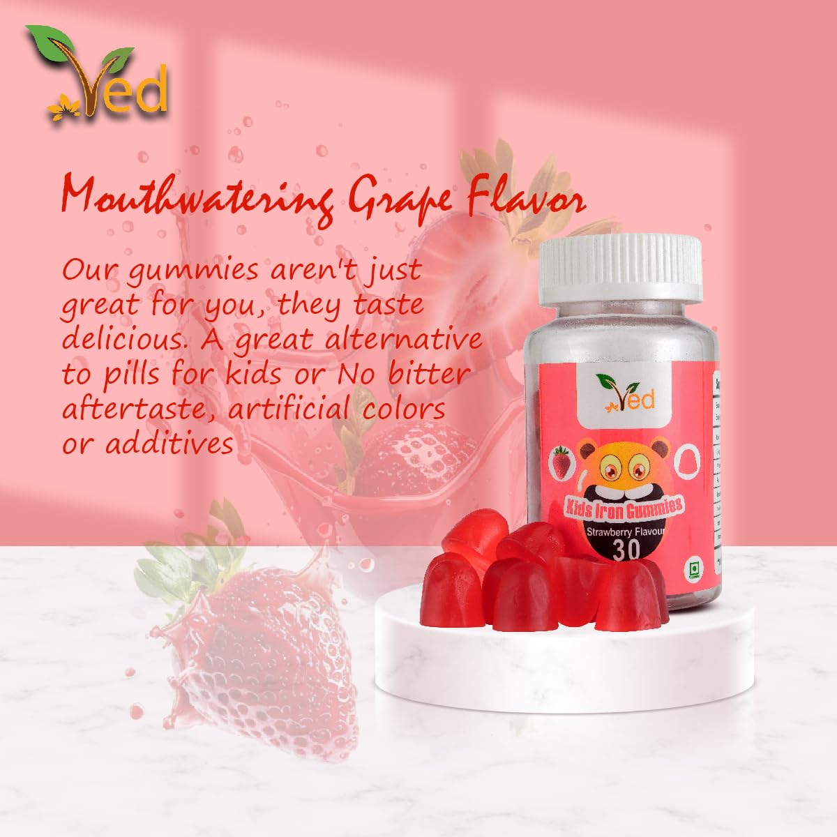 Ved Kids Iron Gummies for Iron Supplement, Energy & Immune System Strawberry Flavour-15 Days Supply, Vegan Iron for Kids - 30 Chewable Kids Vitamins Gummies (15 Days Supply)