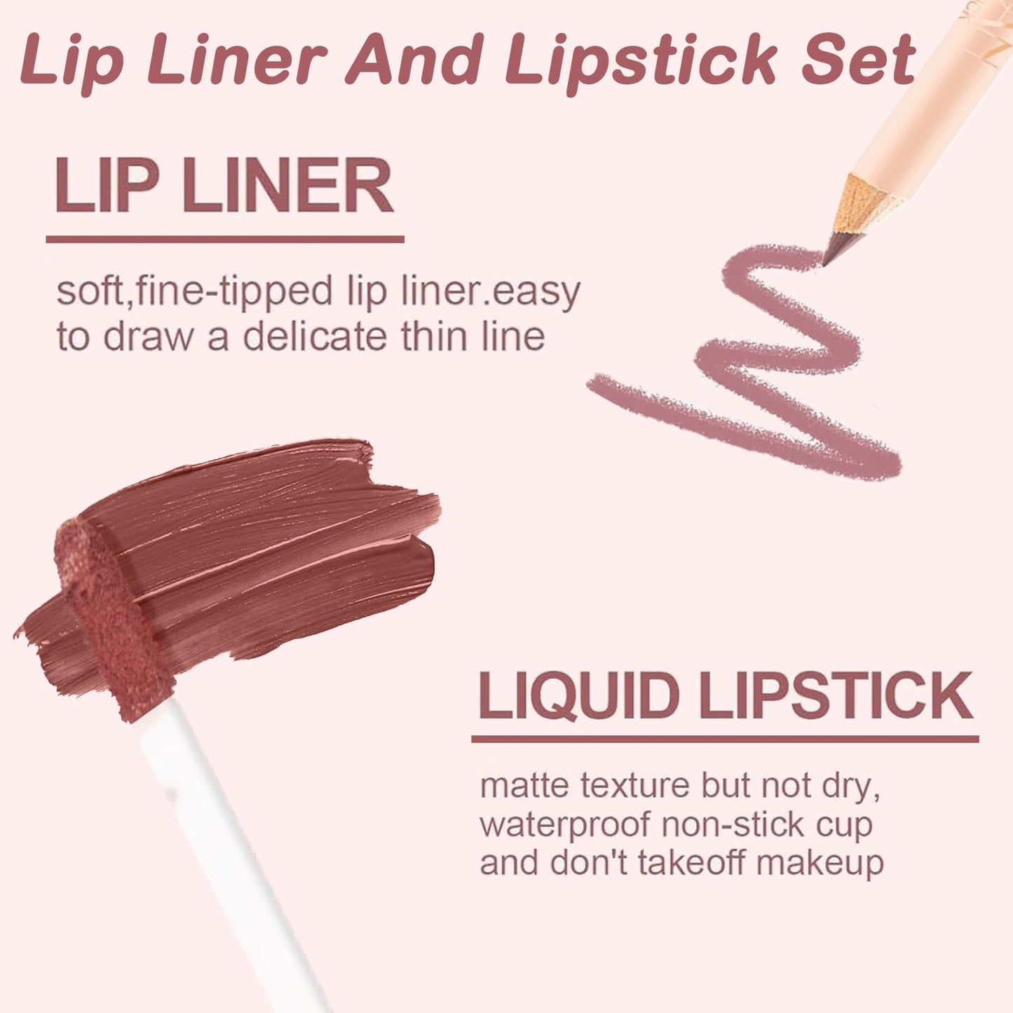 QUIWEN Lip Liner and Lipstick Set,Matte Liquid Lipgloss Highly Pigmented Waterproof Lipstick, Up to 12 Hour Wear, Non-Stick Cup Lip Gloss & Lip Line Pencil Set For Women
