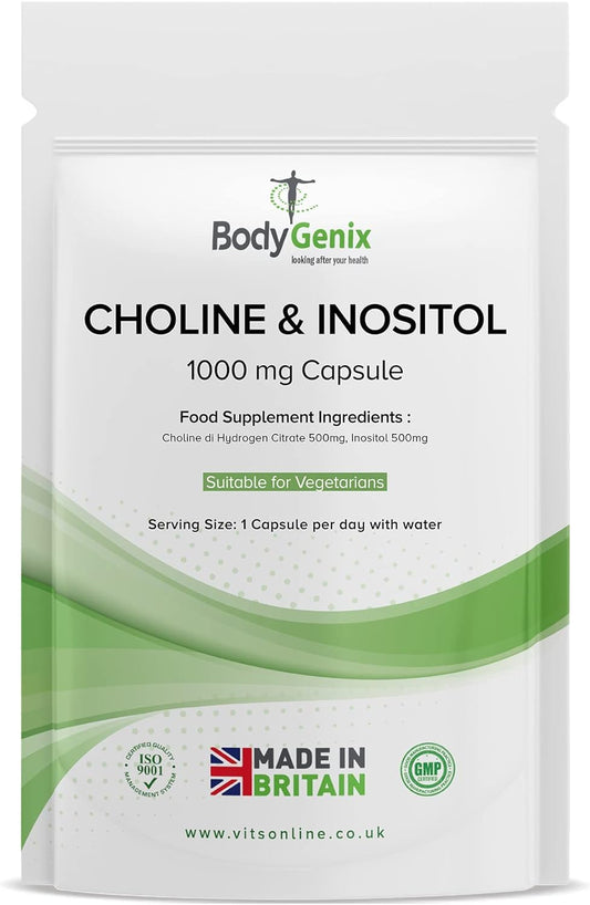 Bodygenix Choline & Inositol Capsules - 1000mg Healthy Skin Brain Health & Metabolic Support Food Supplement - Natural Vegan Friendly 30 Capsules, 1 Month Supply