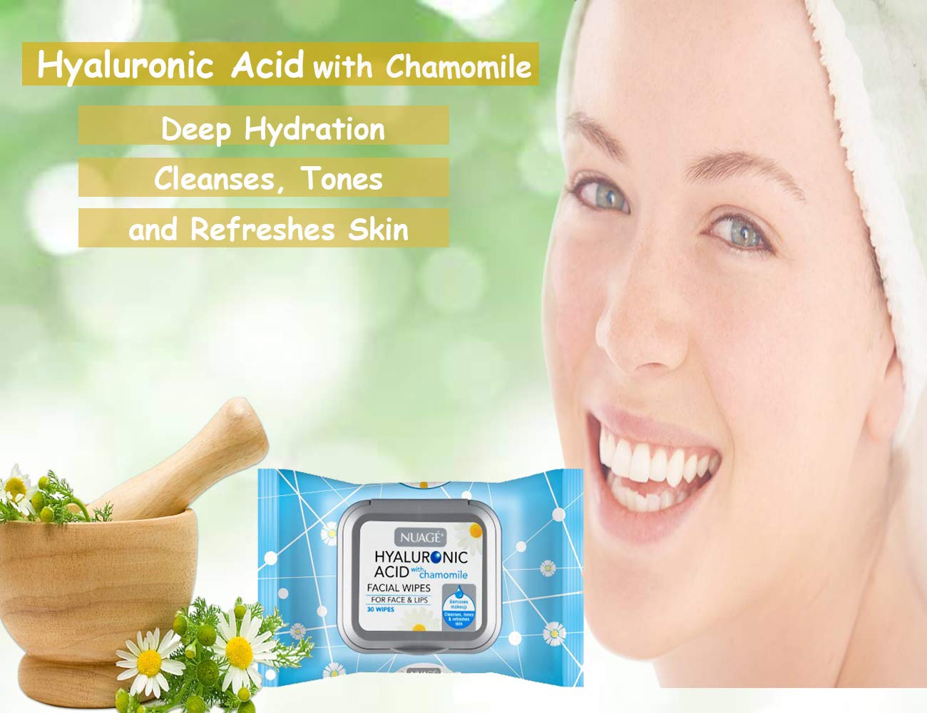 Hyaluronic Acid Skin Renewing Facial Wipes with Chamomile for Cleansing and Moisturising Sensitive and All Skin Types 30 Wipes (3 Pack - Total 90 Wipes)