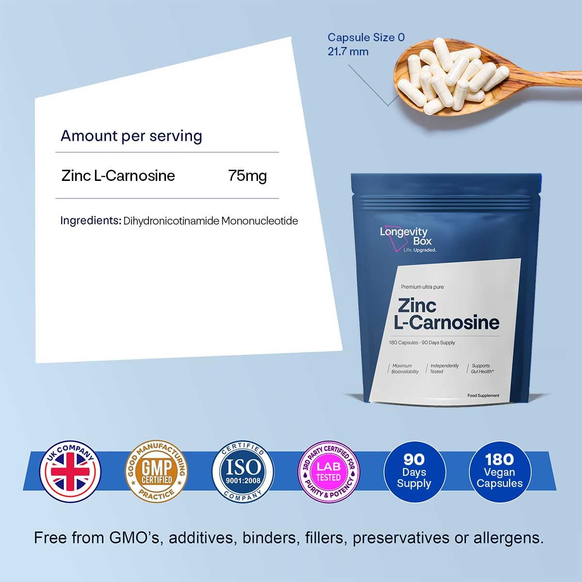 Longevity Box Zinc L-Carnosine Supplement - 75mg of Maximum Bioavailable Zinc L-Carnosine Per Serving, Supports Gut Health, Nutrient Absorption, Digestive Comfort - 180 Capsules, 3 Months Supply