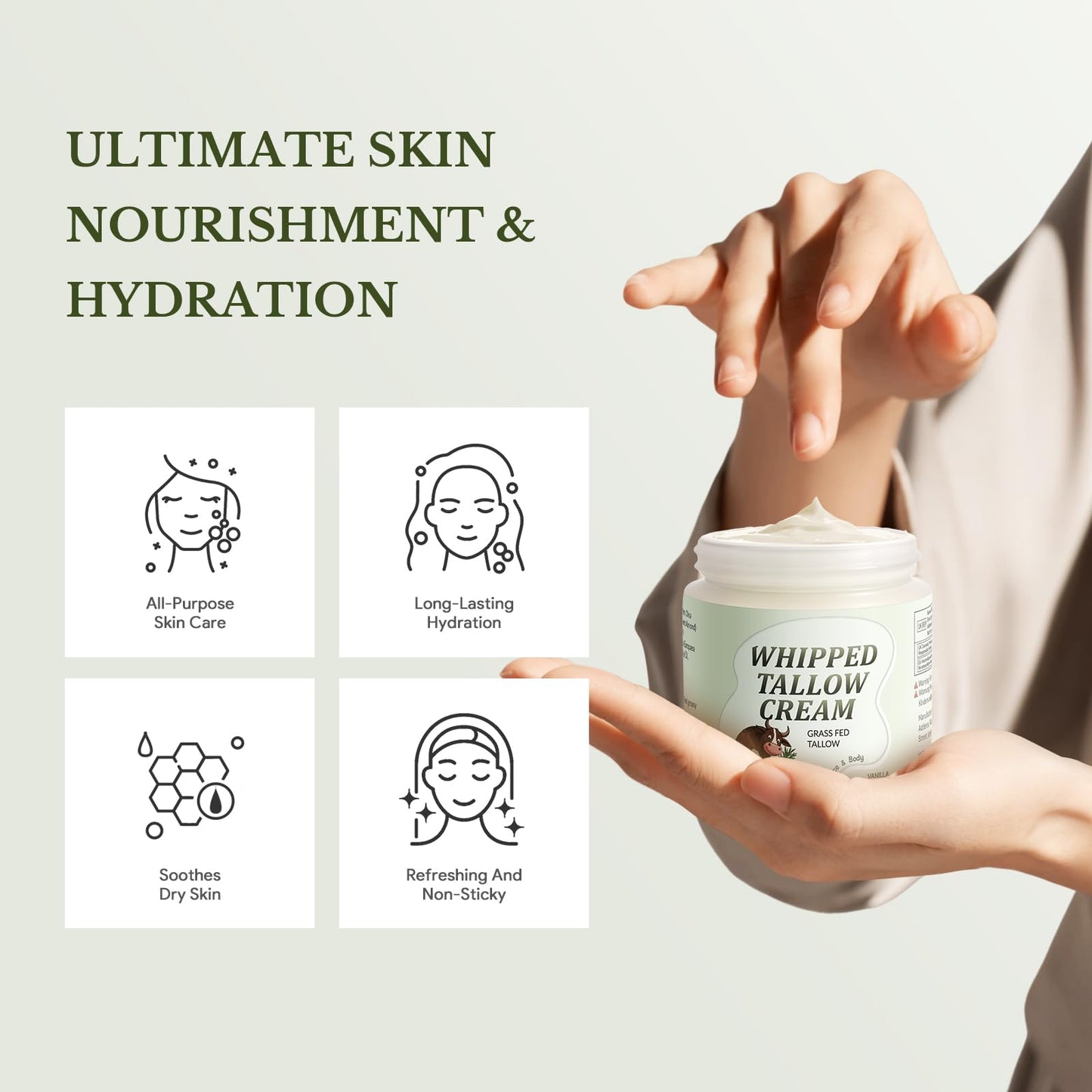 Beef Tallow Skin Care, Whipped Tallow Face Cream, Beef Tallow Moisturiser for Face & Body, Natural Grass Fed Beef Tallow, Skin Care Cream for Dry Skin, Vanillin, 120g