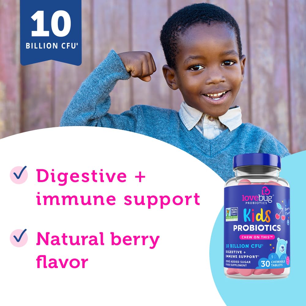 LoveBug Probiotics Lovebug Probiotic for Kids | Multi-Strain 3 Billion CFU | Constipation & Stomach Discomfort | Added Prebiotic Fiber | Immune Support | Sugar Free | Ages 4+