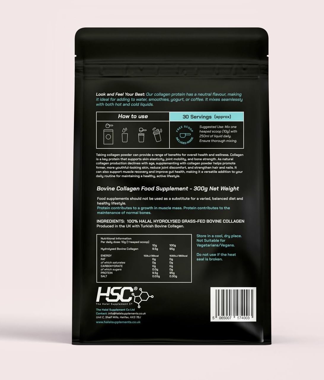 The Halal Supplement Co. - Halal Bovine Collagen Peptides Powder 300g for Hair, Skin, Nails, Joints & Muscles - 100% Grass Fed Hydrolysed Bovine Collagen (Type I & III) for Women and Men