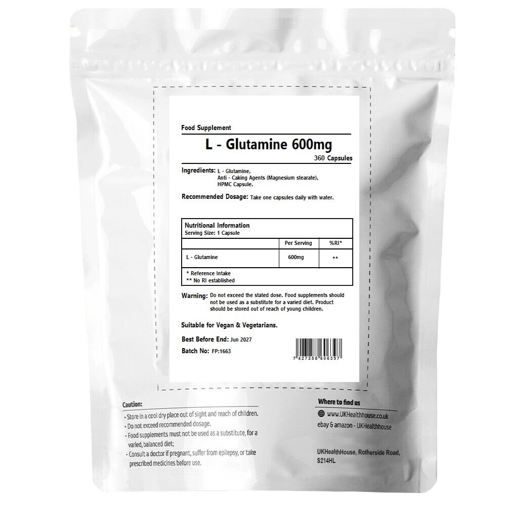 UKHealthHouse L-Glutamine Amino Acids 600mg x 360 Capsules Rapid Release Support Muscle Recovery Supplements High Strength Targeted Release Supplement
