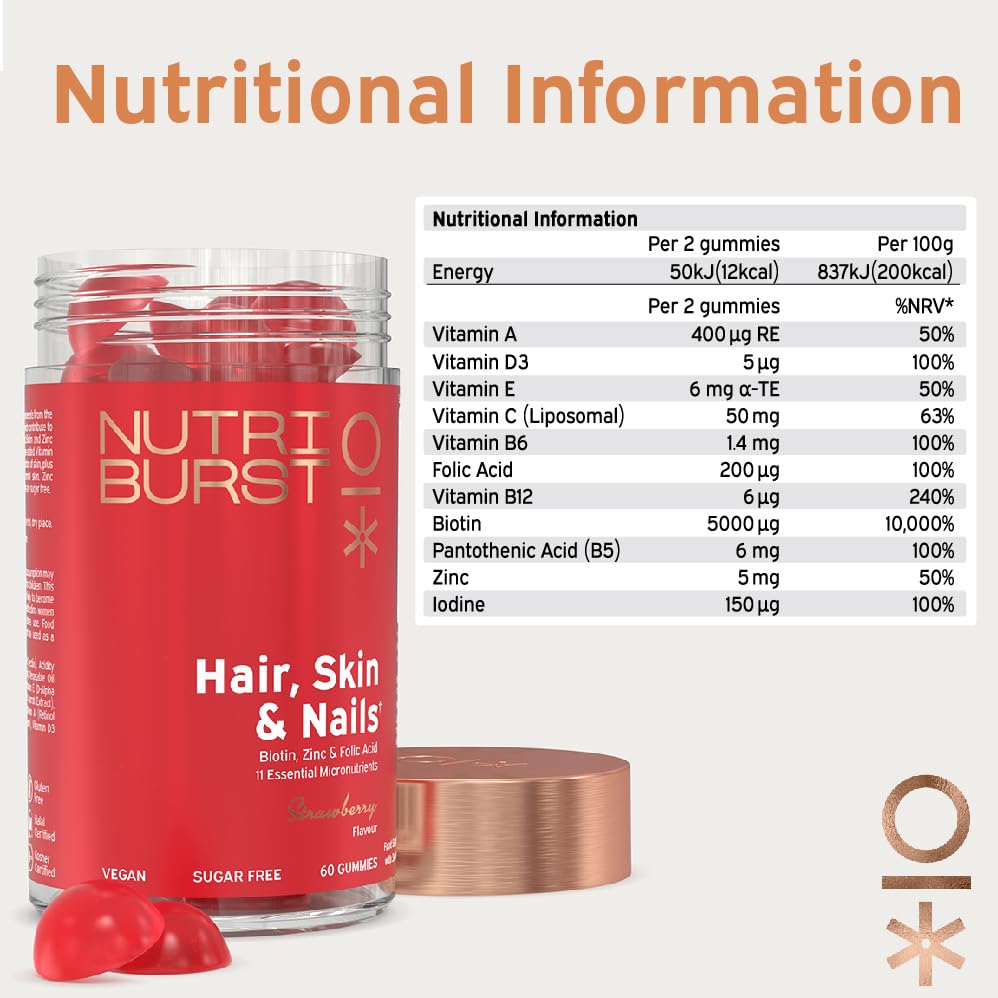 Nutriburst - Hair Skin and Nails Gummies - Biotin Zinc Vitamin E for Thicker Hair & Stronger Nails - Sugar Free Supplements - 60 Gummies 1 Month Supply - Suitable for Vegetarians & Vegans